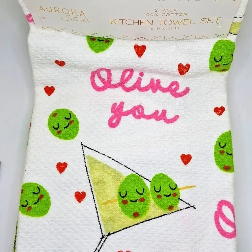 pun linens Olive you kitchen towels martini glass